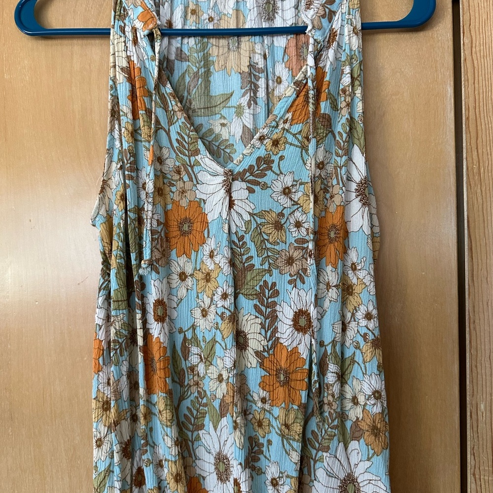 Floral V-Neck Tank Top - Blue and Orange